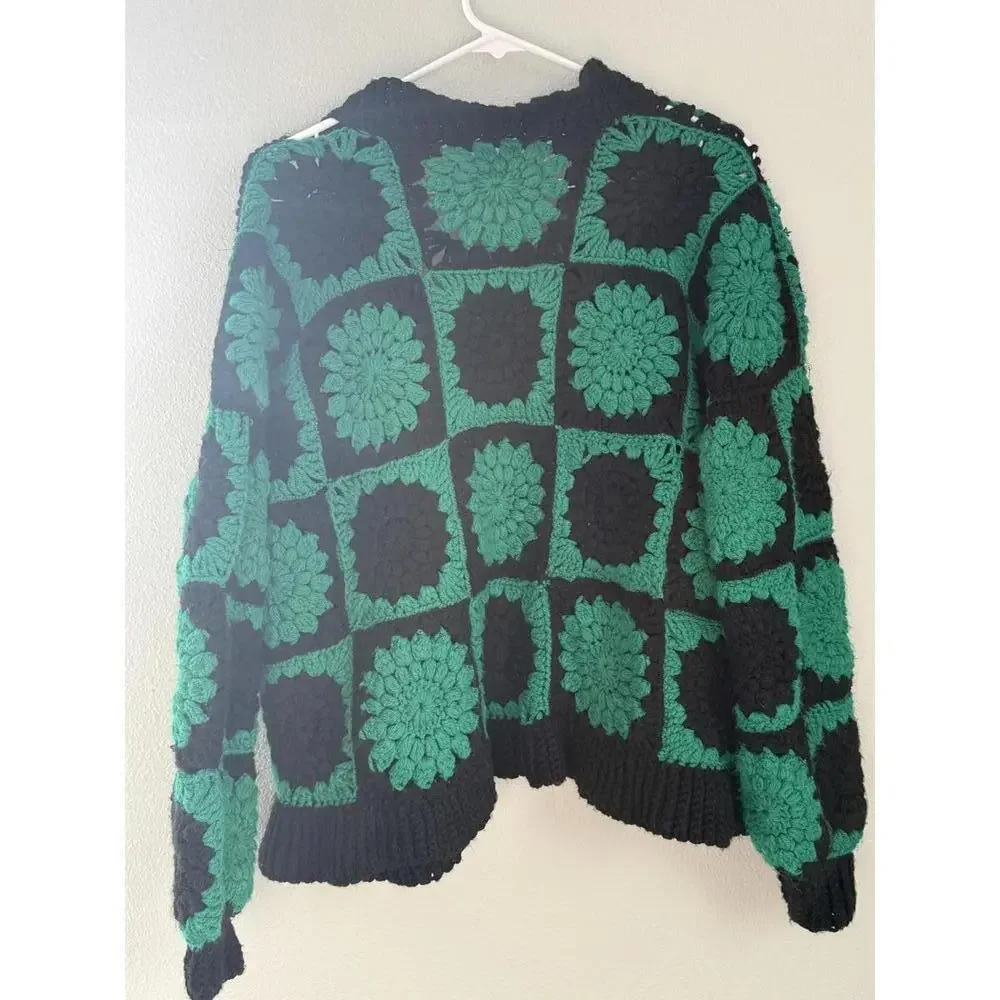 Crocheted Black and Green Cardigan Sweater (One Size)